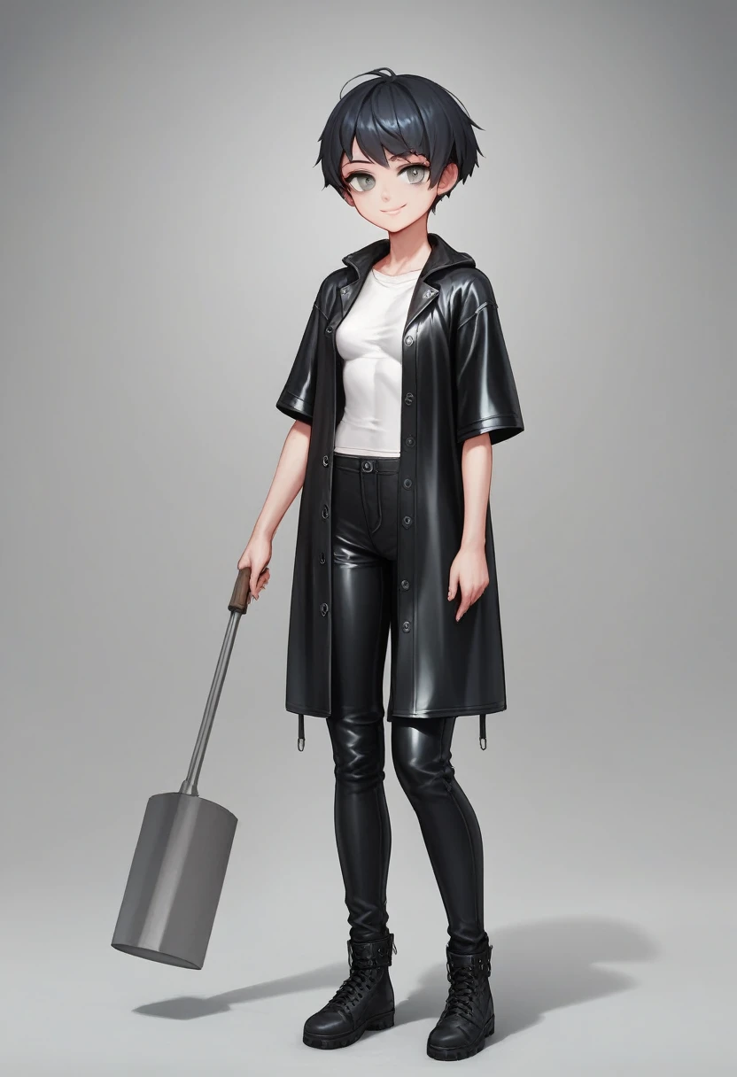 ((very tall girl)), 1 girl, full height, black very short hair, small breasts, in a long ((((black)))) leather raincoat, raincoat unbuttoned, small breasts, gray eyes, smiling, T-shirt and pants under the raincoat, holding a long shovel in his hand, 1 girl in the frame, black raincoat, 1 shovel, gloomy background