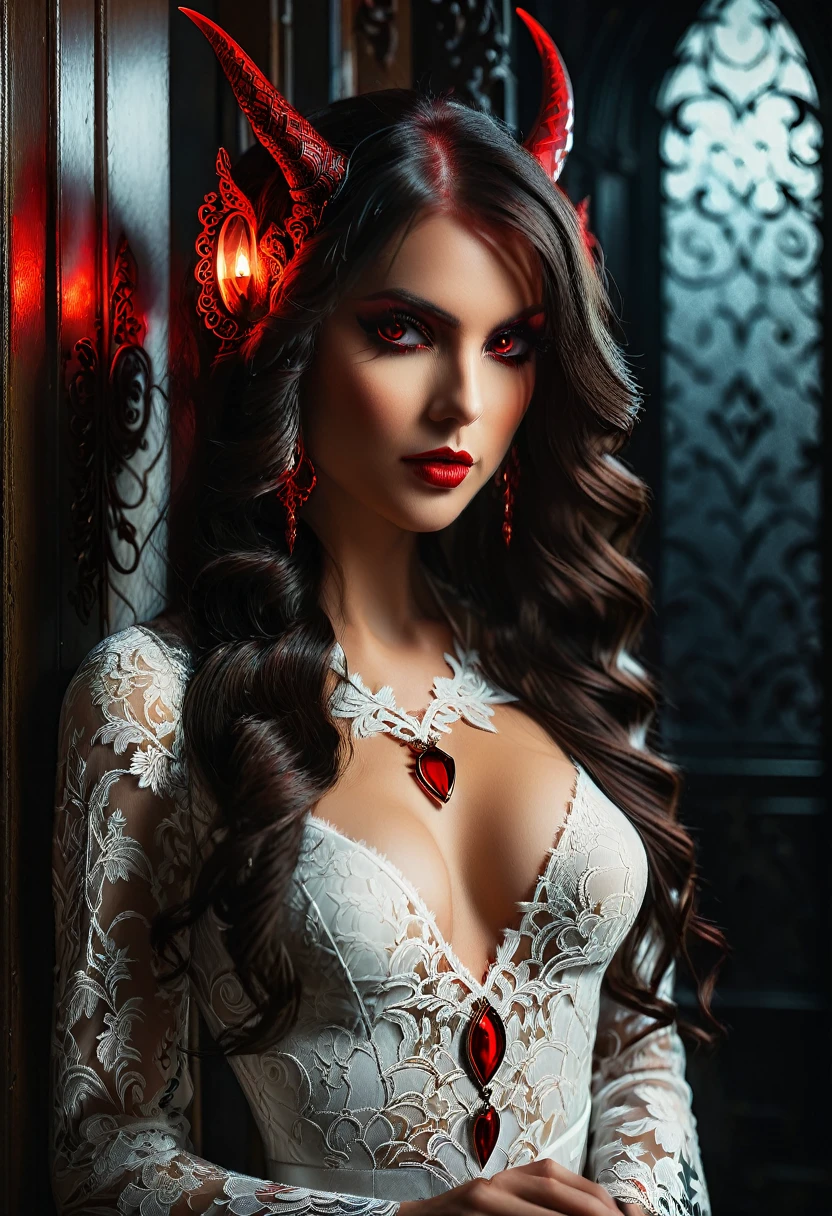 epic good looking succubus wearing a (white lace: 1.2) dress (intense details, Masterpiece, best details: 1.6), (wearing red rimmed glasses:1.1) (intricate details, Masterpiece, best details: 1.6), full body (intense details, Masterpiece, best details: 1.6), ultra detailed face (intense details, Masterpiece, best details: 1.5),standing in the door entrance, holding a red and gold ring (intense details, Masterpiece, best details: 1.6), black hair, long hair, red eyes, glowing eyes, small horns, red high heels, dim light, high details, best quality, 8k, [ultra detailed], masterpiece, best quality, (extremely detailed), ultra wide shot, photorealistic, gothic art, sense of darkness, sense of seduction, fiery magic symbols (intense details, Masterpiece, best details: 1.6),in the background, lace drawing, Dark Art Painting Style, dark, black and color