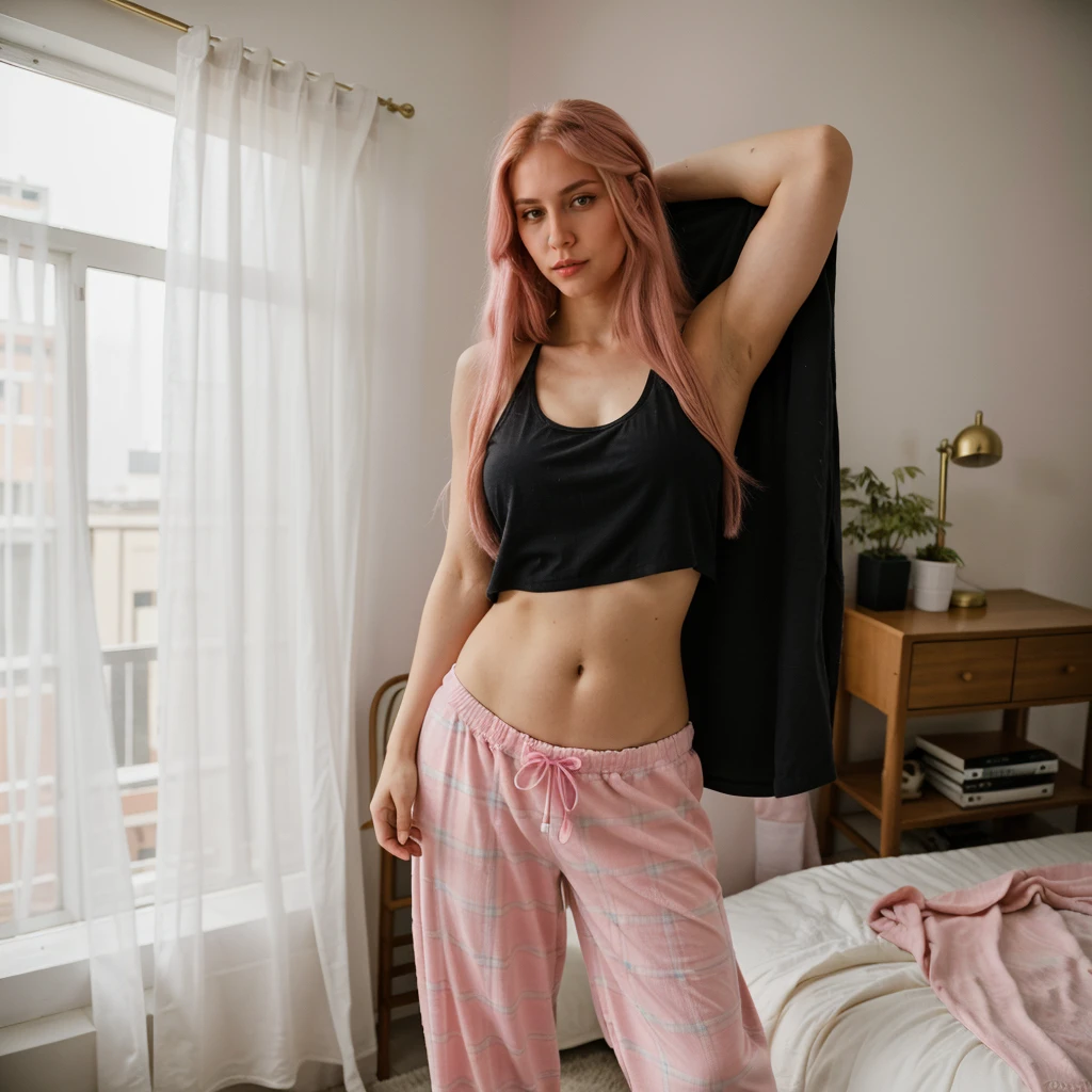 air, long pink hair, 24 year old model with nice and big body , doing a photo shoot in his luxurious apartment, wearing a black tank top, and loose-fitting plaid pajama pants, busto mediano, caderas anchas, cintura pequeña.