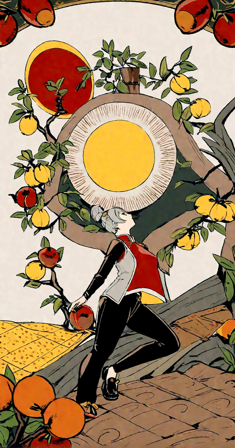 Background color of the image30%It is green，70%It is light gray。There is a big sun in the upper left corner of the picture，A fan and the number &quot;11069&quot;，There are yellow peaches on the table，Plum，orange，Lego toy of a dance team wearing red tops and black pants，Use lens，Medium shot，Chinese ink painting style。