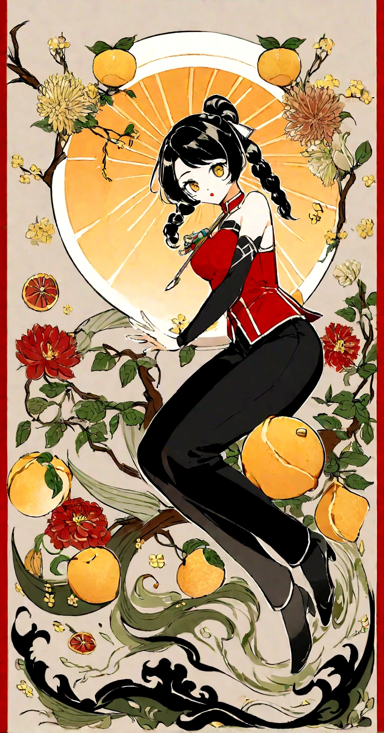 Background color of the image30%It is green,70%It is light gray。There is a big sun in the upper left corner of the picture,A fan and the number "11069",There are yellow peaches on the table,Plum,orange,Lego toy of a dance team wearing red tops and black pants,Use lens,Medium shot,Chinese ink painting style。
