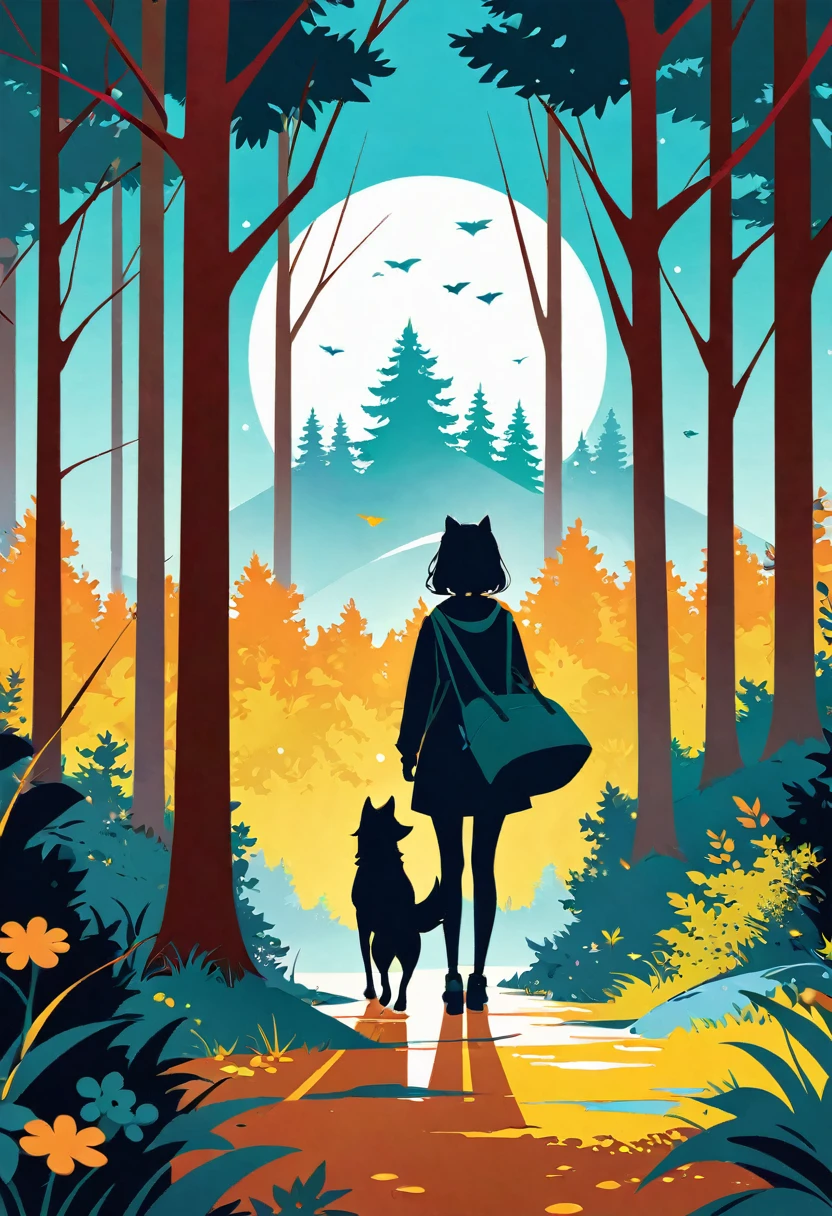 wallpaper of smartphone, A girl and a wolf meet in the forest, flat Design, vector illustrations, graphic illustration, detailed 2d illustration, flat illustration, digital illustration, digital artwork,