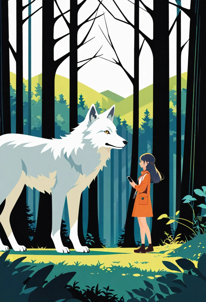 wallpaper of smartphone, A girl and a wolf meet in the forest, flat Design, vector illustrations, graphic illustration, detailed 2d illustration, flat illustration, digital illustration, digital artwork,