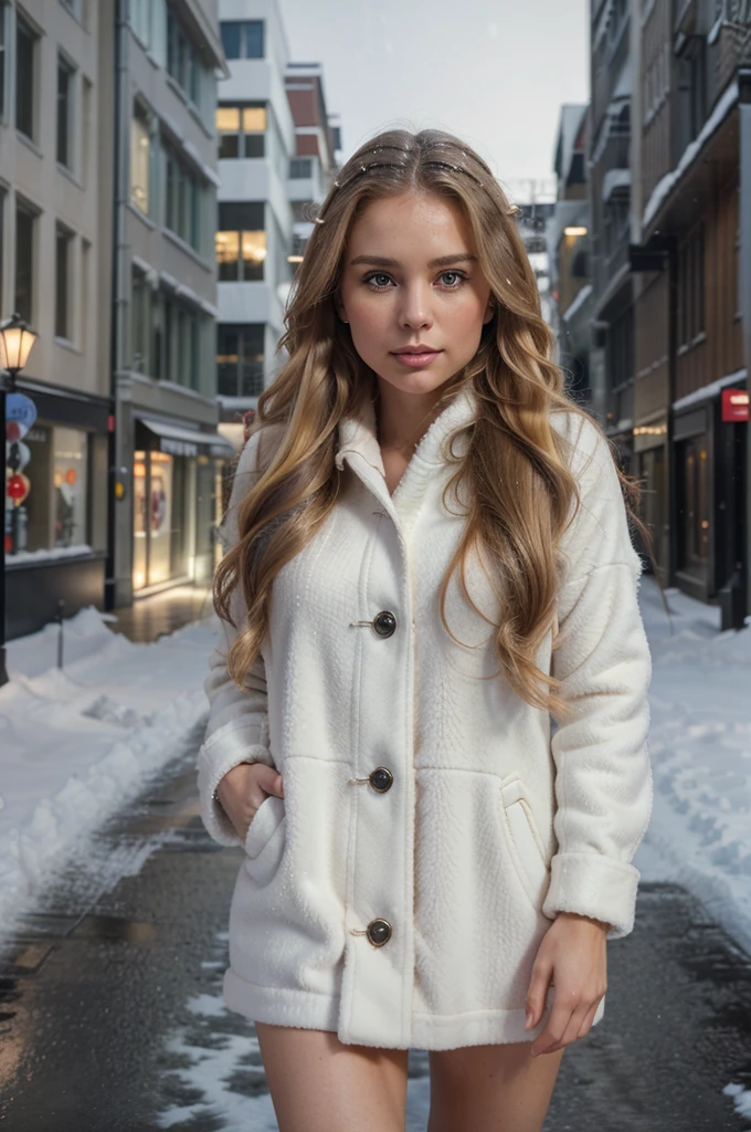 professional portrait photograph of a gorgeous Norwegian girl in winter clothing with long wavy blonde hair, sultry flirty look, gorgeous symmetrical face, cute natural makeup, wearing elegant warm winter fashion clothing, ((standing outside in snowy city street)), stunning modern urban environment, ultra realistic, concept art, elegant, highly detailed, intricate, sharp focus, depth of field, f/1. 8, 85mm, medium shot, mid shot, (((professionally color graded))), bright soft diffused light, (volumetric fog), trending on instagram, hdr 4k, 8k