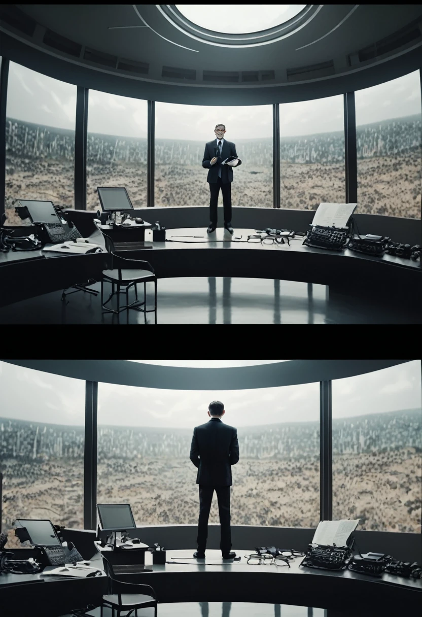 (Wearing Glasses, clear face), the reporter stands at the news scene, wearing half framed glasses, holding a recording pen and notebook. The eyes under the glasses are filled with a thirst for knowledge. The background is a dynamic news scene, full body, (Photography), panoramic view, award-winning, cinematic still, emotional, vignette, dynamic, vivid, (masterpiece, best quality, Professional, perfect composition, very aesthetic, absurdres, ultra-detailed, intricate details:1.3)