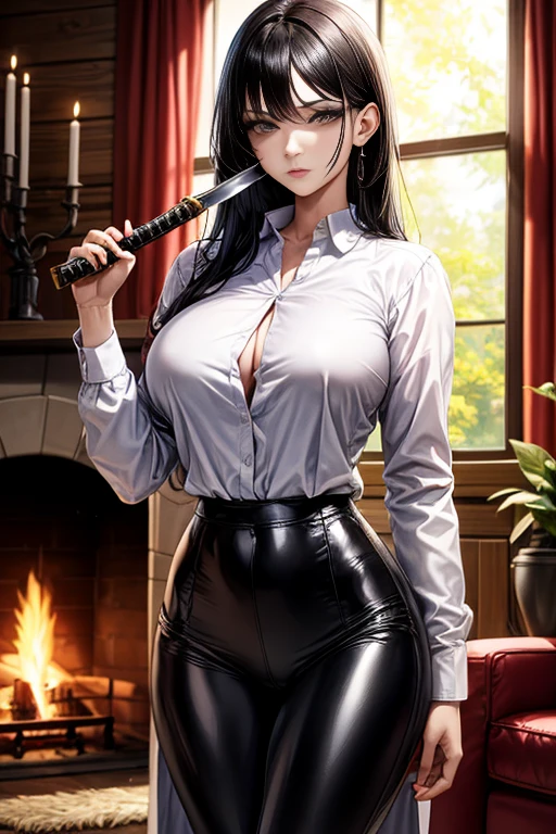 Masterpiece, high quality full length portrait of 1 woman (maduro)) YOUNG), Holding a katana, Long sleeve white buttoned shirt, shiny black leggings, beautiful thin face, detailed face, long hair, (black hair), BIG BREASTS, pale and light skin, detailed eyes, grey eyes, shy expression, set in a background inside a cabin with a fireplace, evening,