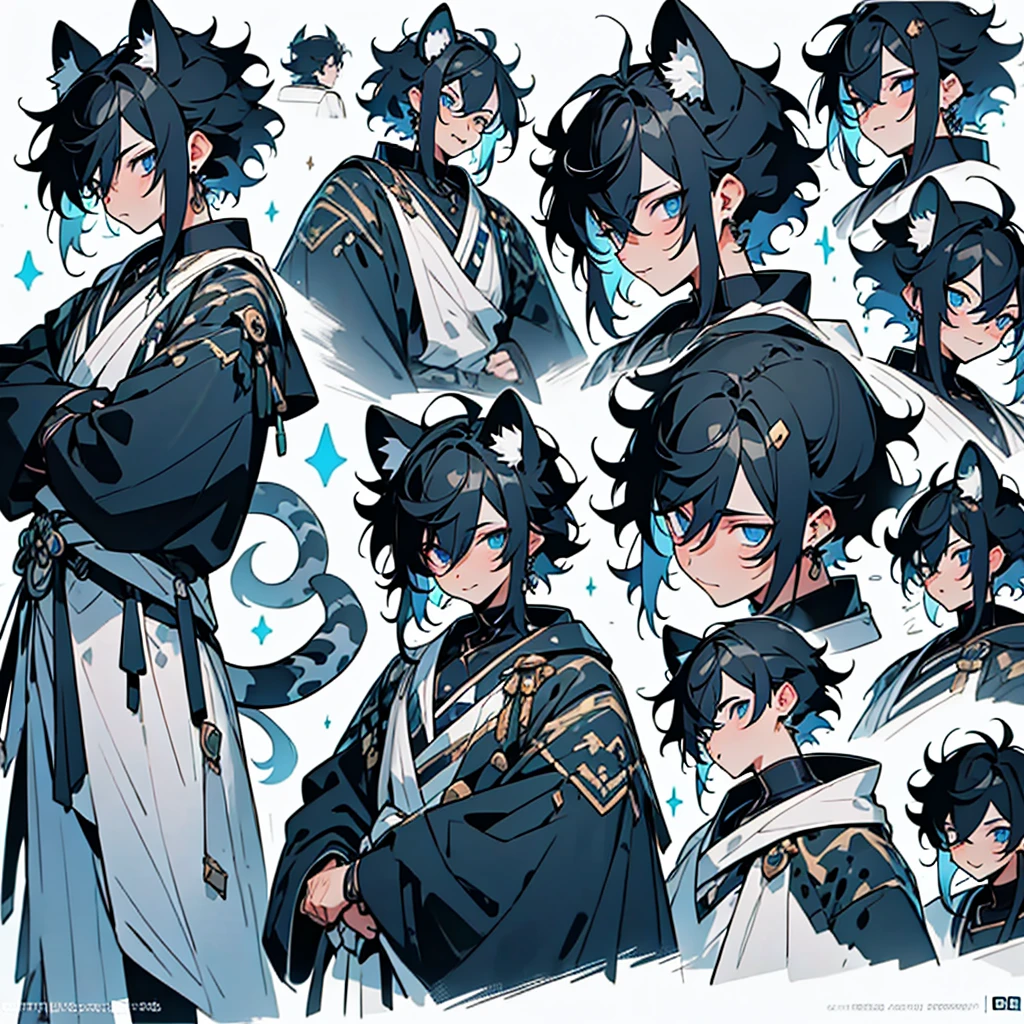 anime poses cheat sheet,young guy, unique messy black hair with white highlights,various hair styles,blue eyes,various styles of clothing,contrasting colors,simple background, various angles,several unique poses, various expressions,snow leopard ears and tail