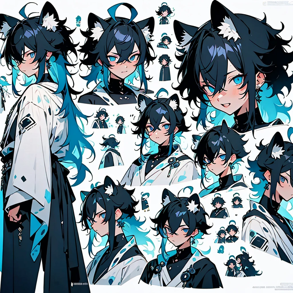 anime poses cheat sheet,young guy, unique messy black hair with white highlights,various hair styles,blue eyes,various styles of clothing,contrasting colors,simple background, various angles,several unique poses, various expressions,snow leopard ears and tail