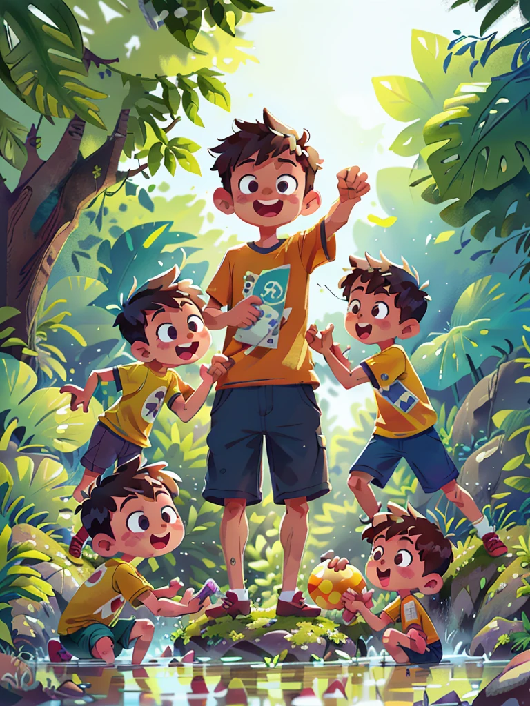 Poster design, (SFW), four boys playing in the river, playing water fight, fine facial features, summer, happy, background is interspersed in river, plants, perfect quality, clear focus, colorful, perfect face, intricate details, ultra-low viewing angle, wide angle lens