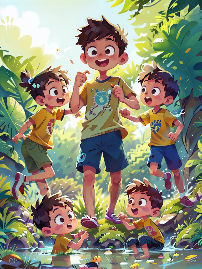 Poster design, (SFW), four boys playing in the river, playing water fight, fine facial features, summer, happy, background is interspersed in river, plants, perfect quality, clear focus, colorful, perfect face, intricate details, ultra-low viewing angle, wide angle lens