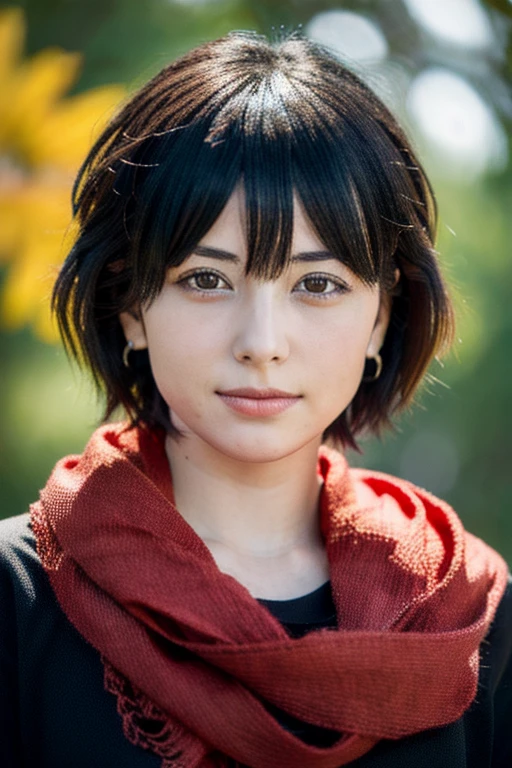 Mikasa, 19 year young girl , Best quality, High resolution, Short bob hair, Beautiful, Black eyes, see viewer,tshirt, wearing red scarf , Highest quality, high resolution