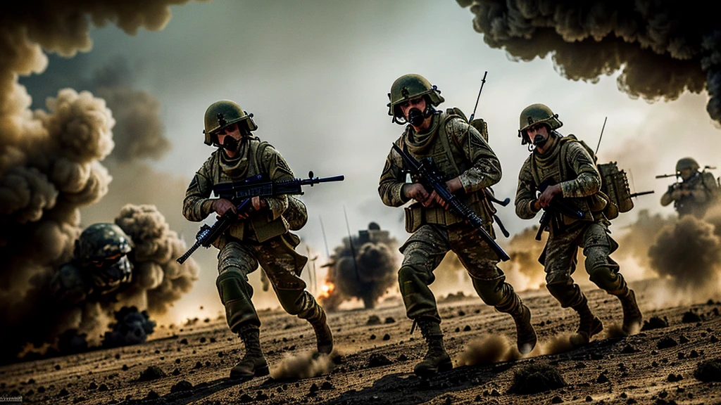 a fierce battle, soldiers on the battlefield, realistic military uniforms, war weapons, explosions, smoke, dust, intense action, gritty realism, cinematic lighting, dramatic shadows, earth tones, muted colors,military,war,combat