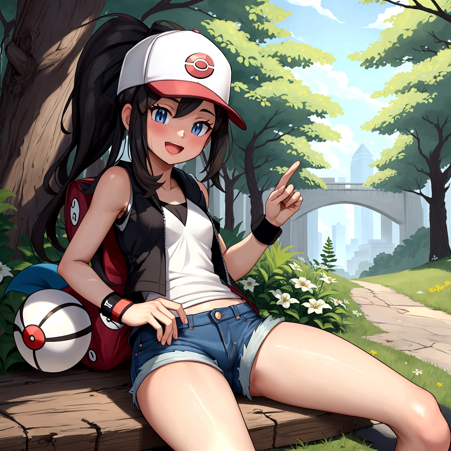 (Masterpiece, Best Quality, detailed), 1 girl, alone, looking to the camera, pokemon hilda, High ponytail, broad, Blue eyes, baseball cap, vest, denim shorts, White shirt, small breasts, Short shorts, sleeveless shirt, black vest open, wristband, exterior, forest, nature, Grass, tree, flower, MOVER, evening, Dark, autophoto, SMILE, Open mouth, happy, greeting, saying hello