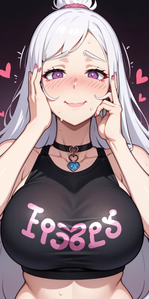 1girl,heart-shaped pupils,fingernails,hands on own face,white hair,purple eyes,(blush:1.1),choker,upper body,trembling,sweat,sweatdrop,heart,(speed lines:1.1),medium breasts, ((heavy breathing:1.3)), love, heart, crop top, happy, smile
