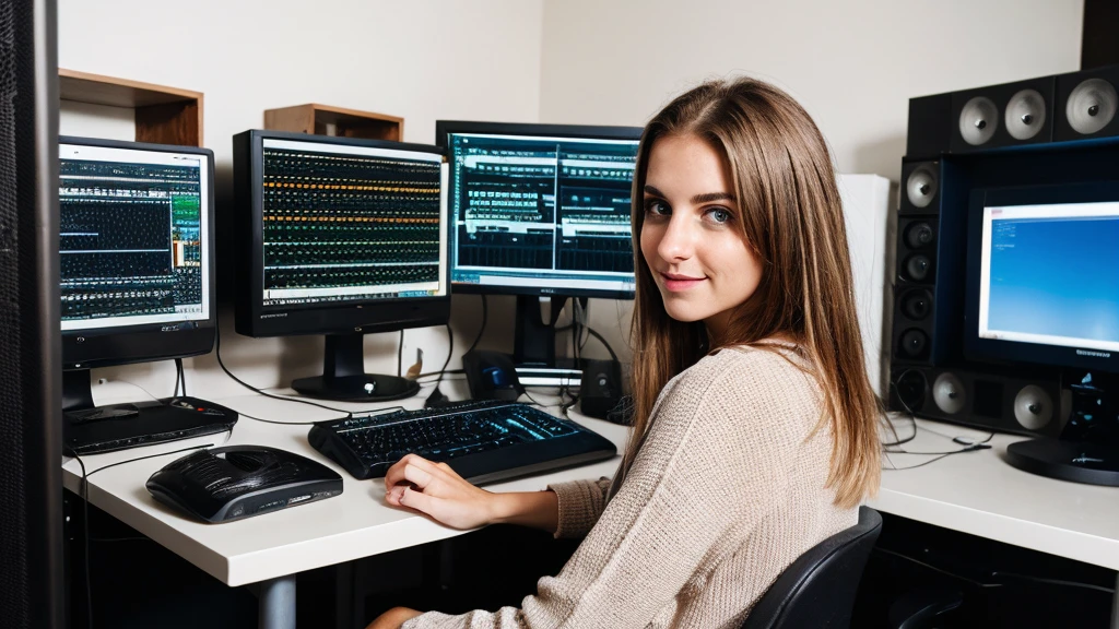 super cute blond woman in computer studio, dark brown hairs, straight look face, not full body, brown eyes