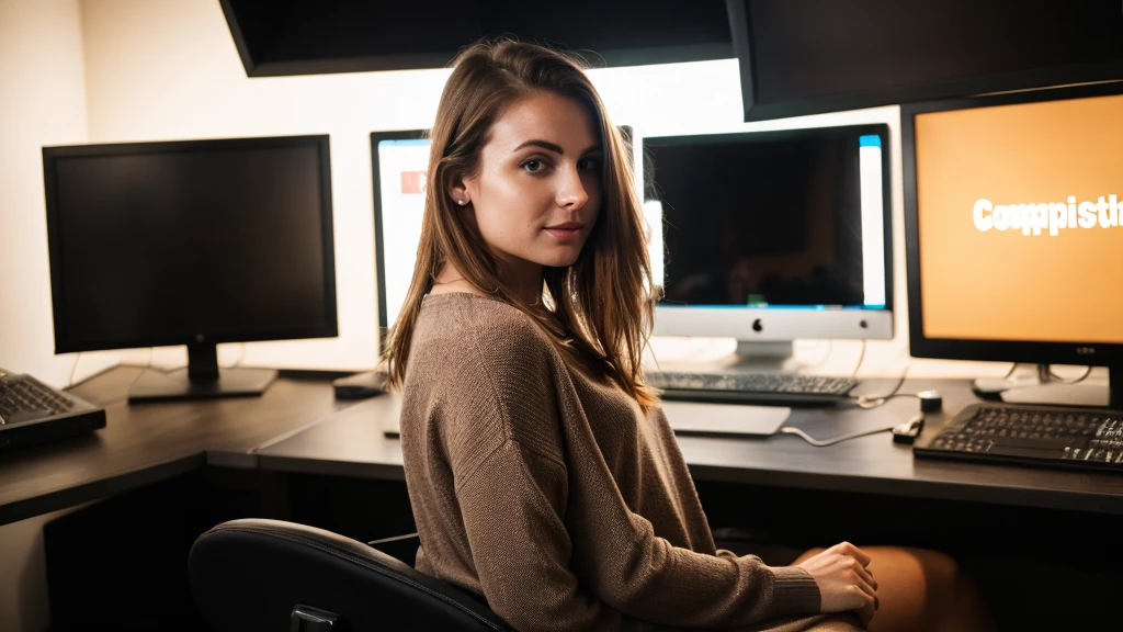 super cute blond woman in computer studio, dark brown hairs, straight look face, not full body, brown eyes