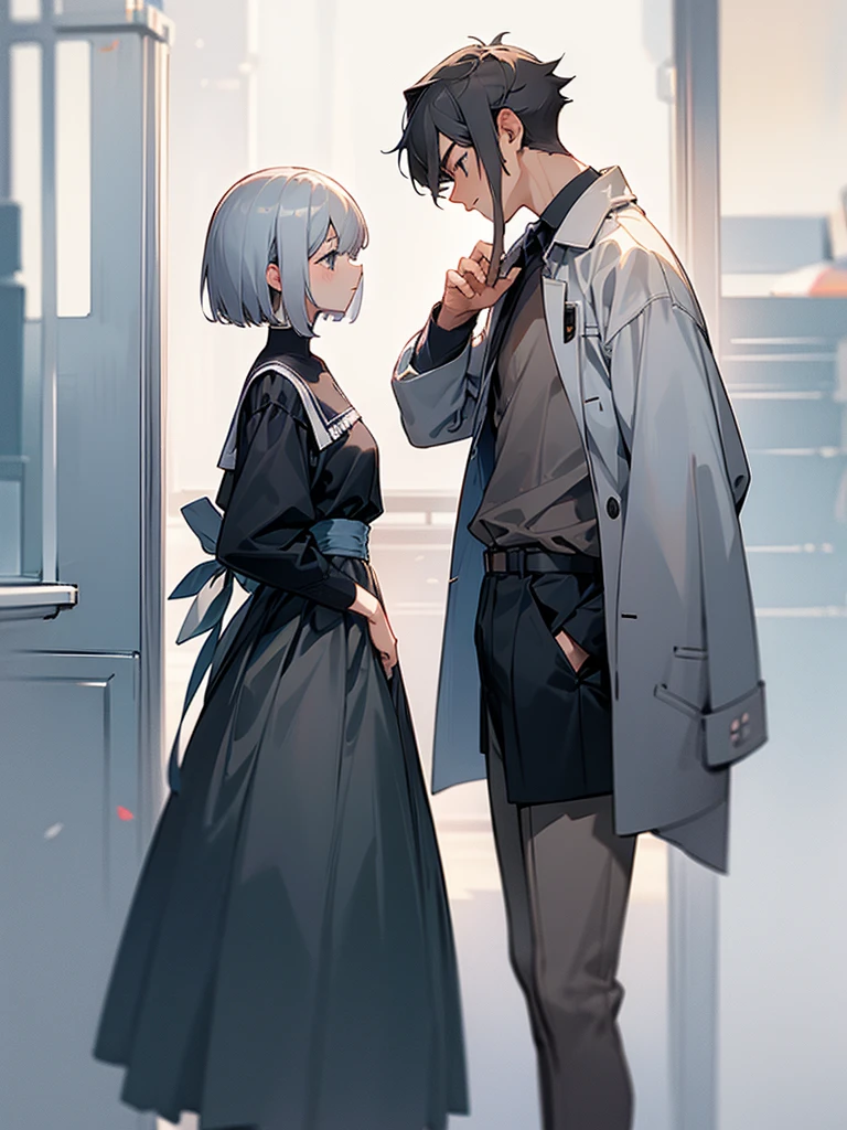 A couple with a height difference dating、high school student、short hair、Handsome、low length、cute、Gray Hair