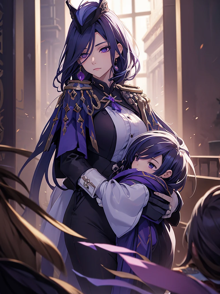 Clorinde from Genshin impact, 1woman, as a mother, holding a little baby boy, blackish purple colour hair, 8k, high detailed, high quality