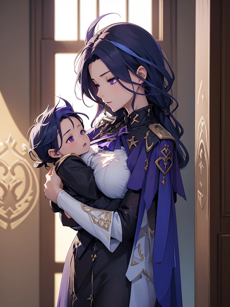 Clorinde from Genshin impact, 1woman, as a mother, holding a little baby boy, blackish purple colour hair, 8k, high detailed, high quality