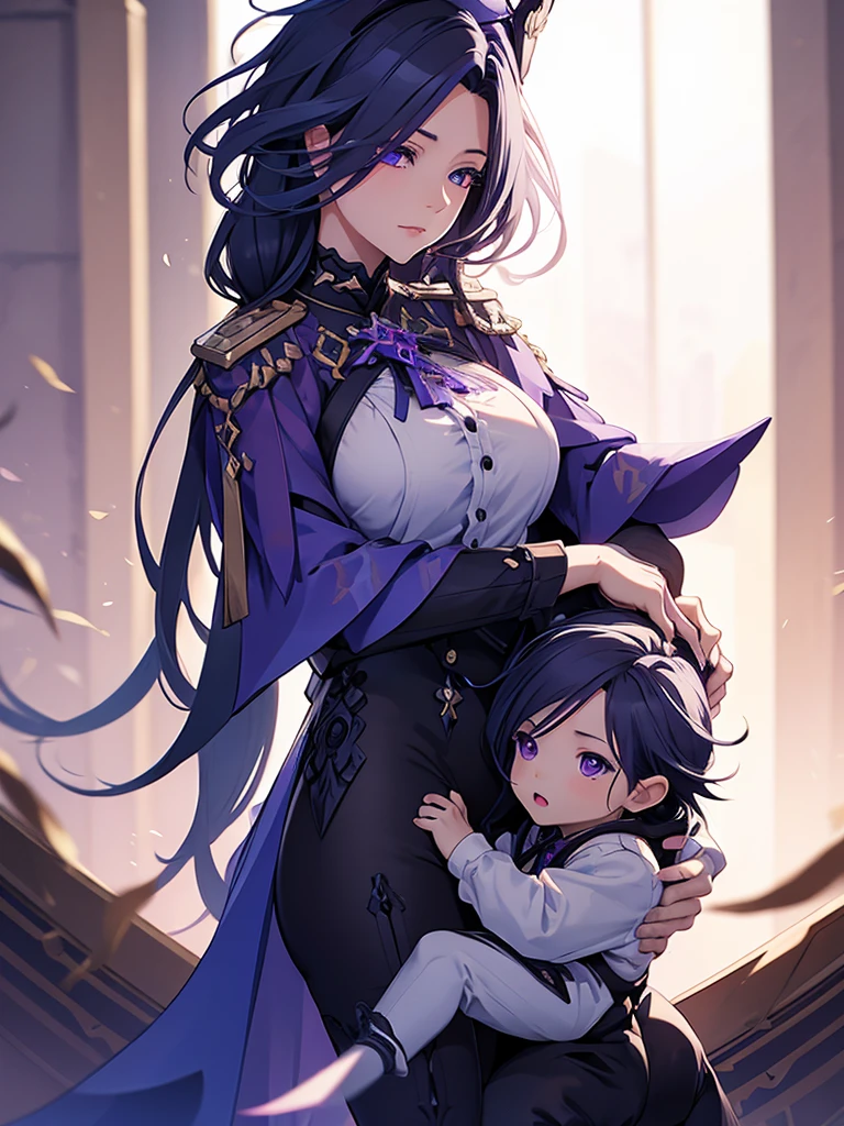 Clorinde from Genshin impact, 1woman, as a mother, holding a , blackish purple colour hair, 8k, high detailed, high quality