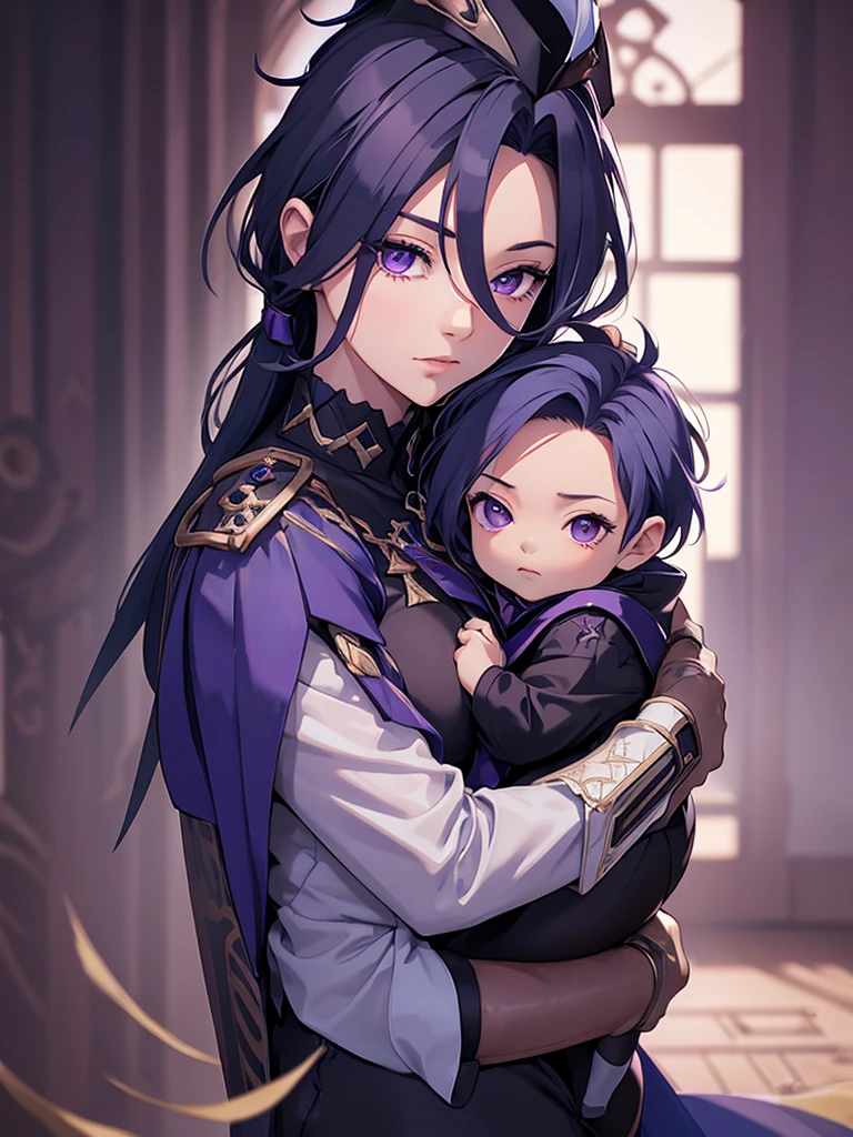 Clorinde from Genshin impact, 1woman, as a mother, holding a little baby boy, blackish purple colour hair, 8k, high detailed, high quality