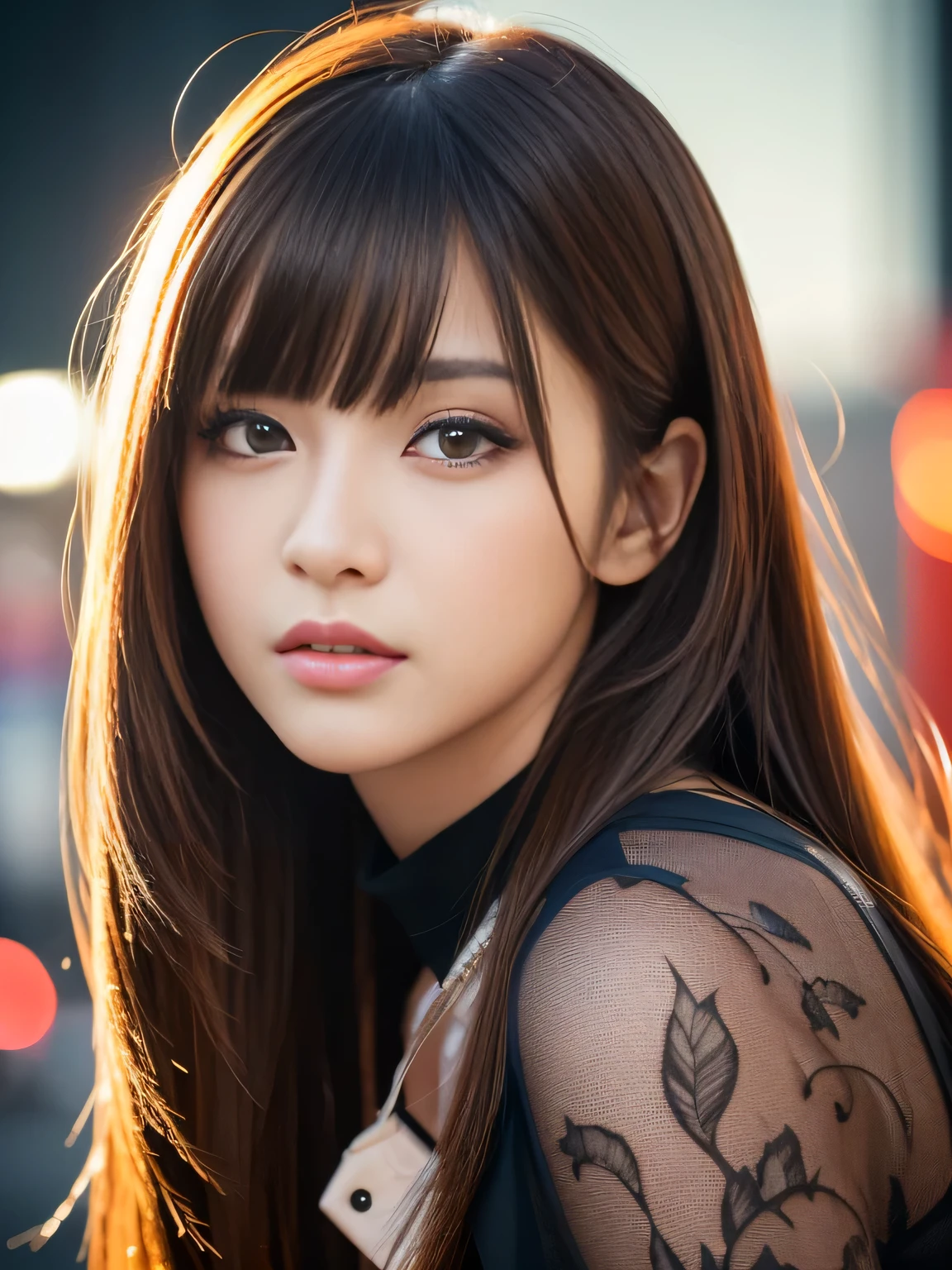 masterpiece, best quality, ultra-detailed, intricately detailed hyperdetailed, realistic, sharp features, highly detailed, sharp focus, Japanese idol, perfect face, perfect symmetrically perfect eyes, perfect full lips, flexible female form, cinematic, neon light, Shadow, hyper detailed, hyper realistic, high resolution, vibrant, dynamic lighting, background, (long hair, straight Bangs), brown Eyes, black blouse, Portraiture,