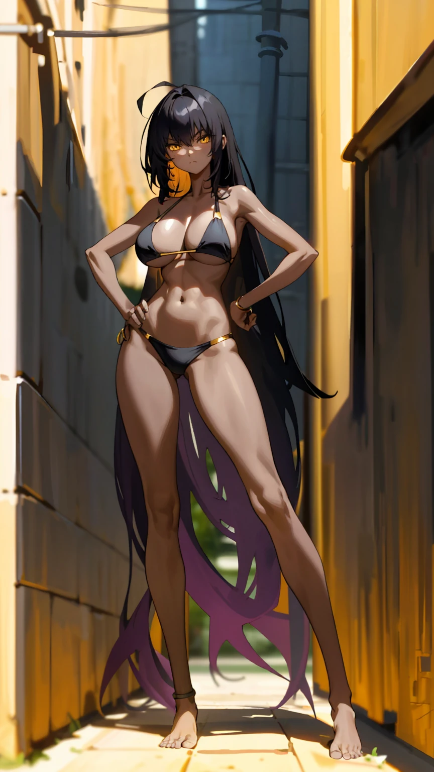 Masterpiece, best quality, high resolution, 1 woman, Karin , black skin , black hair , golden eyes , black bikini , abdomen , big breasts, Long legs , Barefoot , Put your hands on your hips. , stand perfectly erect , alley , tall building