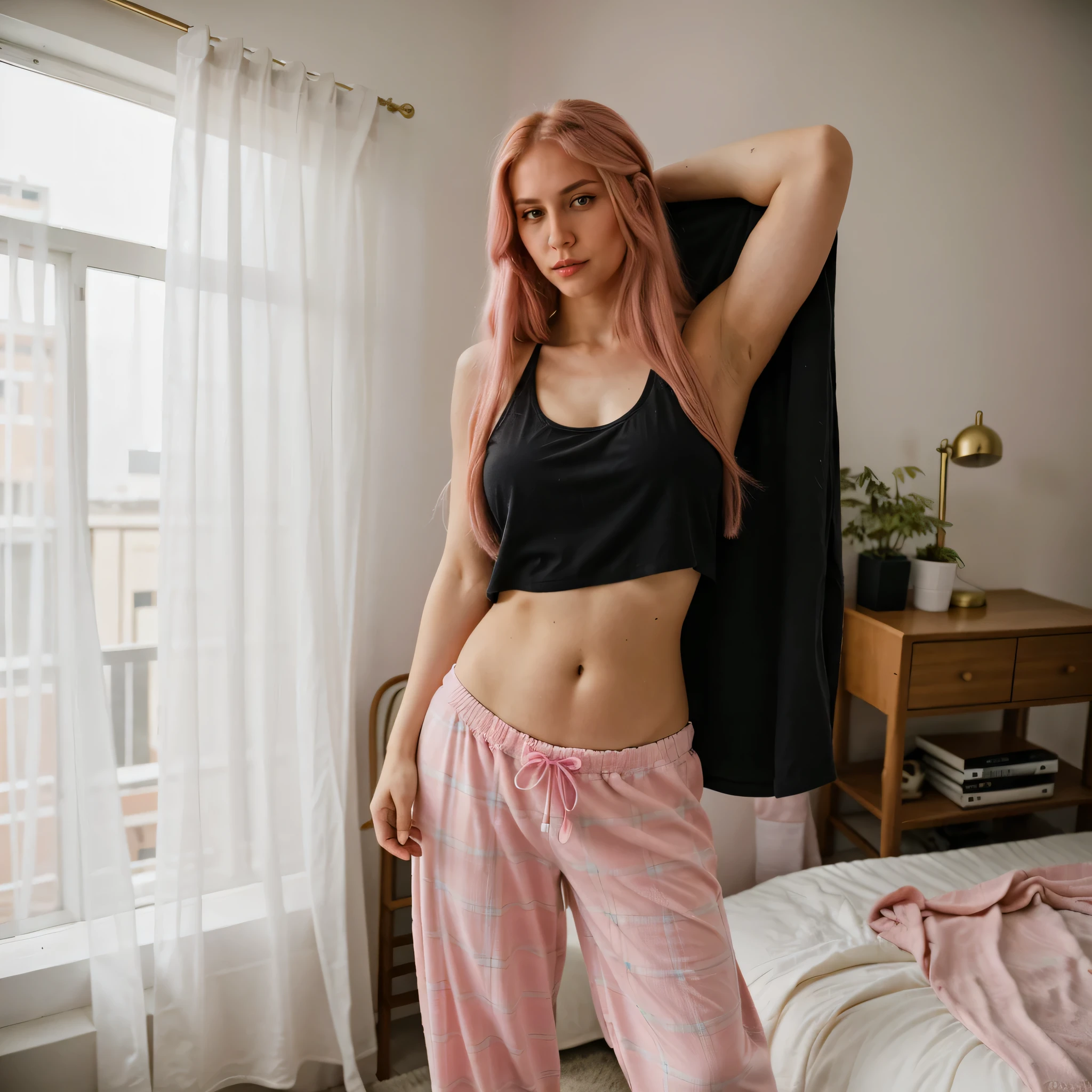 air, long pink hair, 24 year old model with nice and big body , doing a photo shoot in his luxurious apartment, wearing a black tank top, and loose-fitting plaid pajama pants, busto mediano, caderas anchas, cintura pequeña.