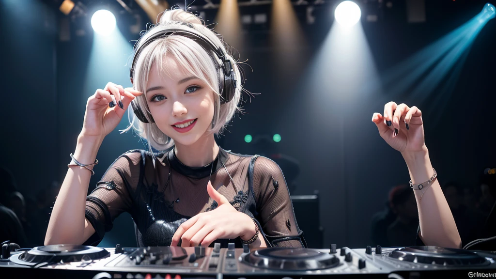(ultra - detailed, 16K resolution, Cinema lenses, rendering by octane), (high resolution:1.18), intricate detail, (masterpiece:1.1), (highest quality:1.1), (1girl, portrait, white hair, blue eyes, short hair, detailed eyes),Wearing silver DJ headphones, Shiny silver sequined T-shirt, (Iconic hip-hop pop costumes:1.3), Smile while DJing on stage, full body shot of, The spotlight shines on the female DJ. Photorealistic photography by Disco Lighting, (cute round face:1.3), perfect fingers, five fingers, beautiful hands, perfect hands. master peace, cute smile.