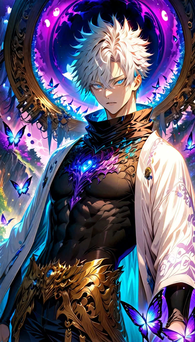 absurdres, highres, ultra detailed, HDR, master piece, best quality, Gojo Satoru, white hair, with bangs, hair between the eyes, expressive blue eyes, white eyelashes, Jujutsu Kaisen, solo, sexy man, handsome, white haori, black tight shirt, black scarf, fantasy, magical, sparkling, shining, purple lightning, floating round lights, starry sky, void, purple butterflies, purple moon