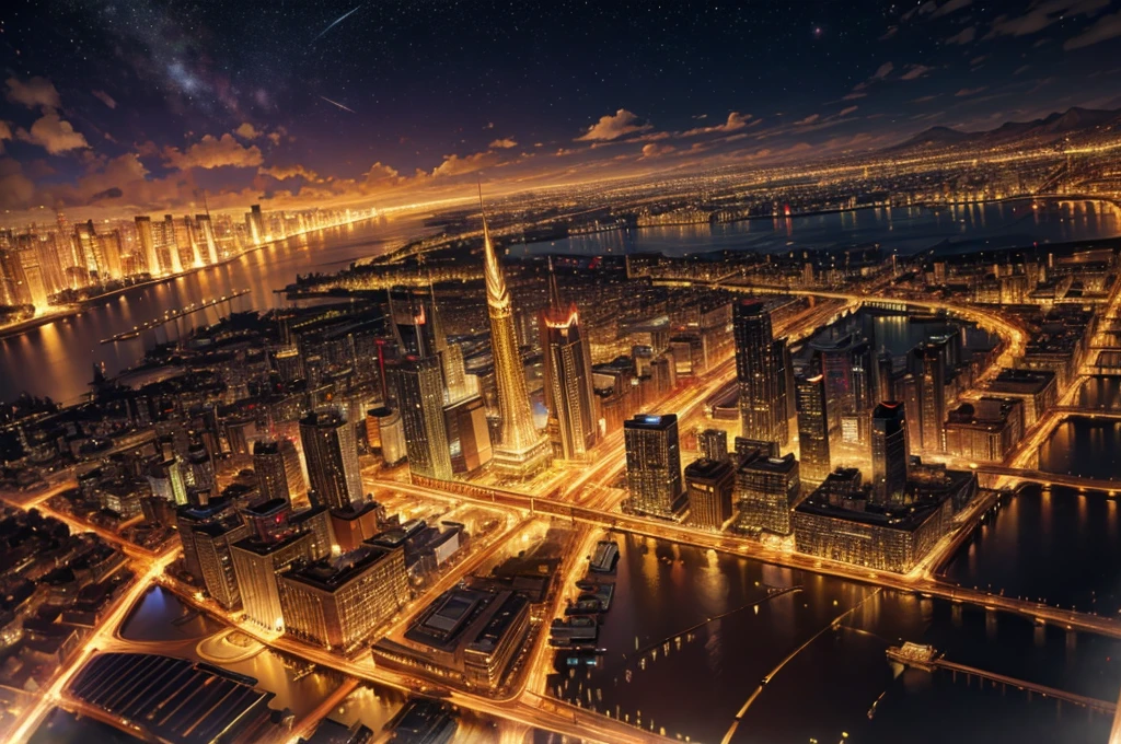 golden city, night, downtown, dynasty, HDR, 4k resolution, landscape, golden moon, golden cloud, firework
