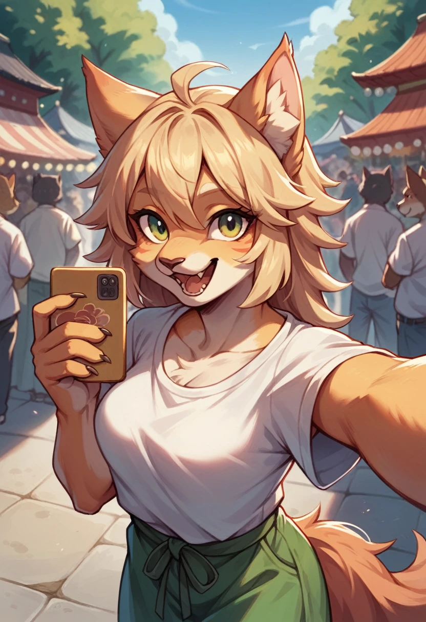 top quality, best quality, High-quality illustrations, masterpiece, super high resolution, detailed background, girl, japanese festival, absurdres, perfect anatomy(kemono)(furry anthro)happy, selfie,