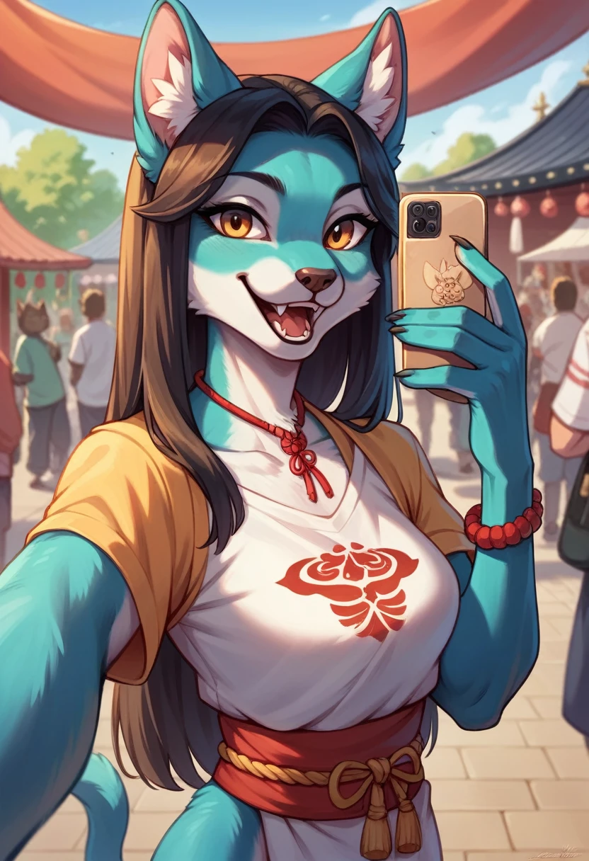 top quality, best quality, High-quality illustrations, masterpiece, super high resolution, detailed background, girl, japanese festival, absurdres, perfect anatomy(kemono)(furry anthro)happy, selfie,