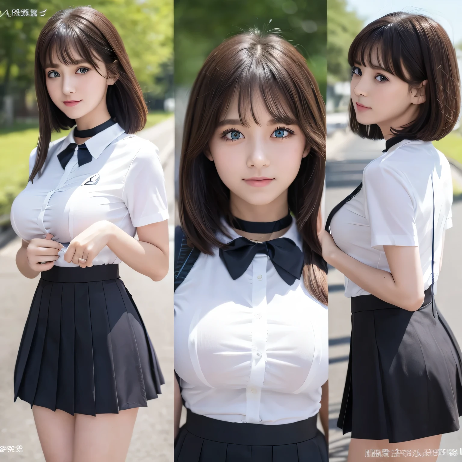 Group photo、((Layered Haircut)),(8K,Highest quality),Full Body Shot,Shot from medium distances,School classルーム,student,class,class,open-collar shirt、Wear a JK skirt,Full body photo、 Adorable, smile, length, brown hair, 32k, masterpiece, Best image quality,Ultra-high resolution,Perfect hands,Black Choker、blue eyes、bangs、Very numerous and very long eyelashes、uniform、 School、Summer clothes、((Big Breasts))