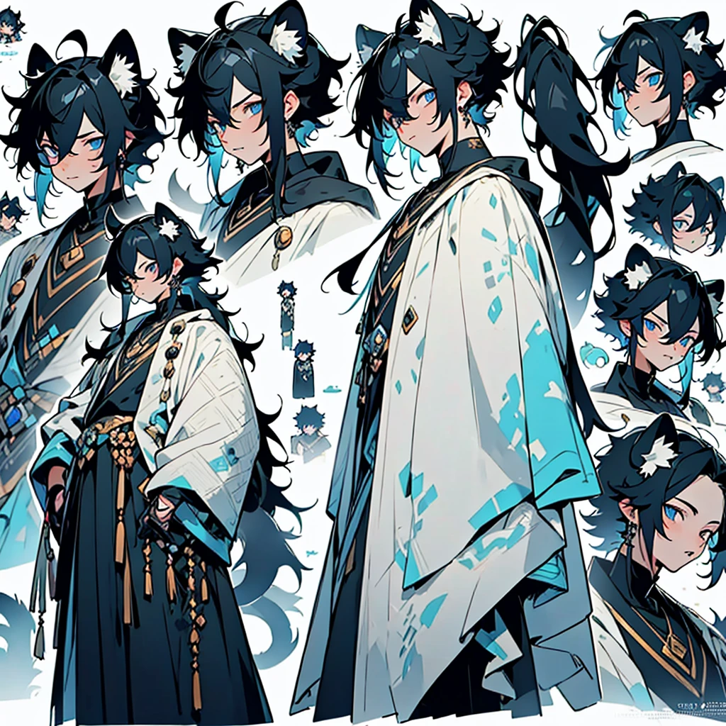 anime poses cheat sheet,young guy, unique messy black hair with white highlights,various hair styles,blue eyes,various styles of clothing,contrasting colors,simple background, various angles,several unique poses, various expressions,snow leopard ears and tail, arrogant and moody attitude