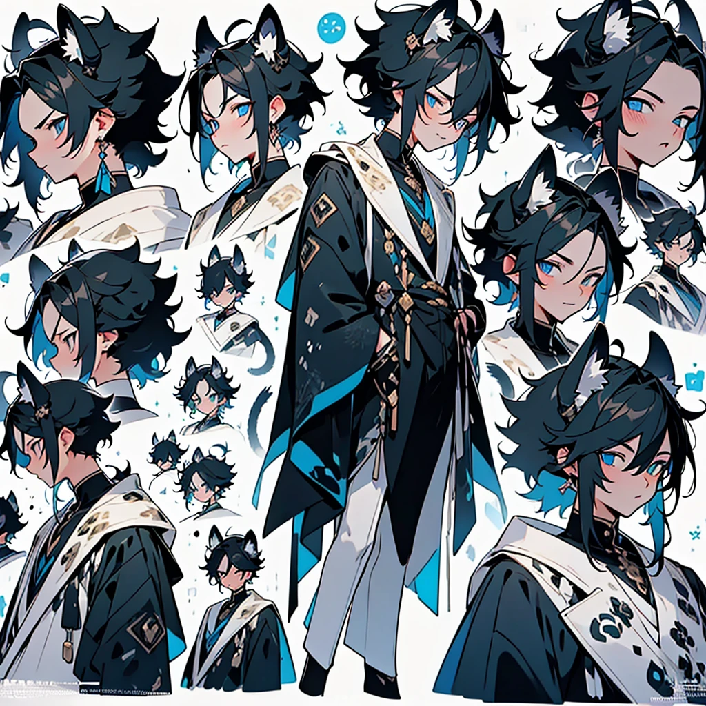 anime poses cheat sheet,young guy, unique messy black hair with white highlights,various hair styles,blue eyes,various styles of clothing,contrasting colors,simple background, various angles,several unique poses, various expressions,snow leopard ears and tail, arrogant and moody attitude