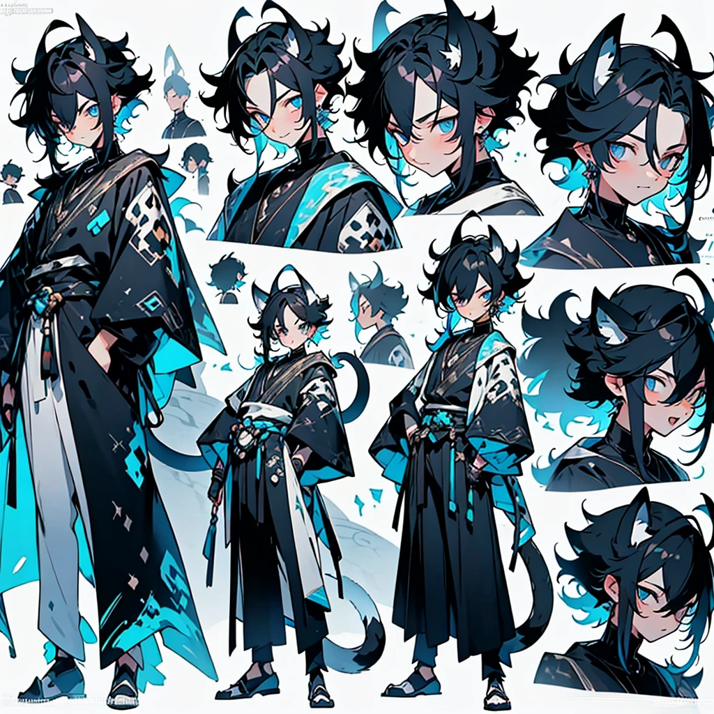 anime poses cheat sheet,young guy, unique messy black hair with white highlights,various hair styles,blue eyes,various styles of clothing,contrasting colors,simple background, various angles,several unique poses, various expressions,snow leopard ears and tail, arrogant and moody attitude