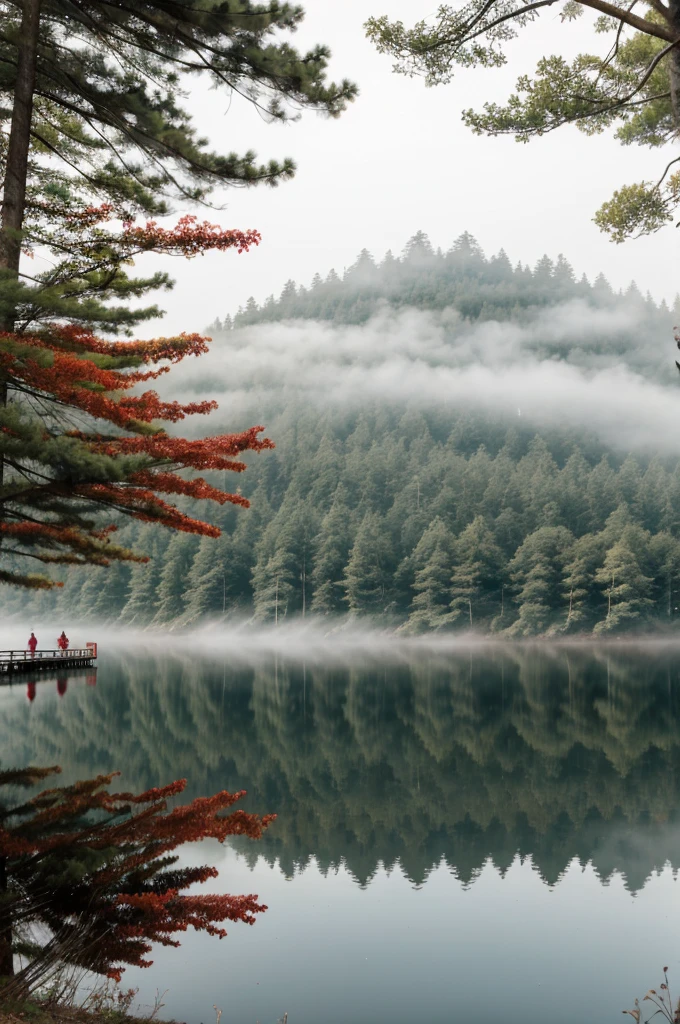 Foggy Lake in centre of forest, angle of the picture is top angle, pier edge man , lake getting blood red for edge of the pier