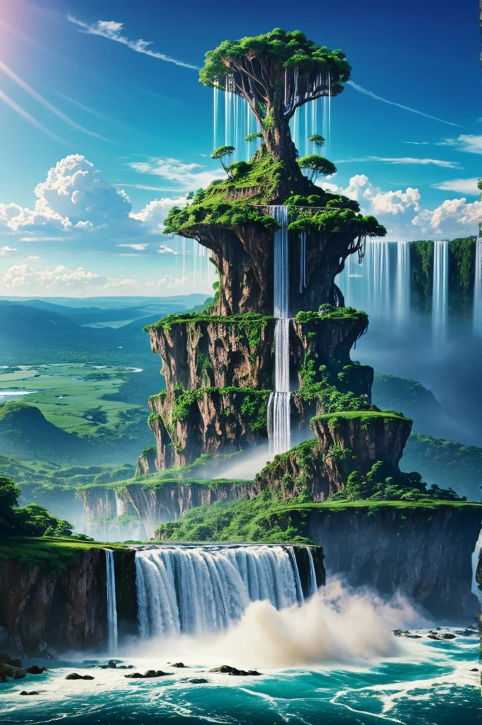 A surreal landscape featuring floating islands and waterfalls cascading into the sky.