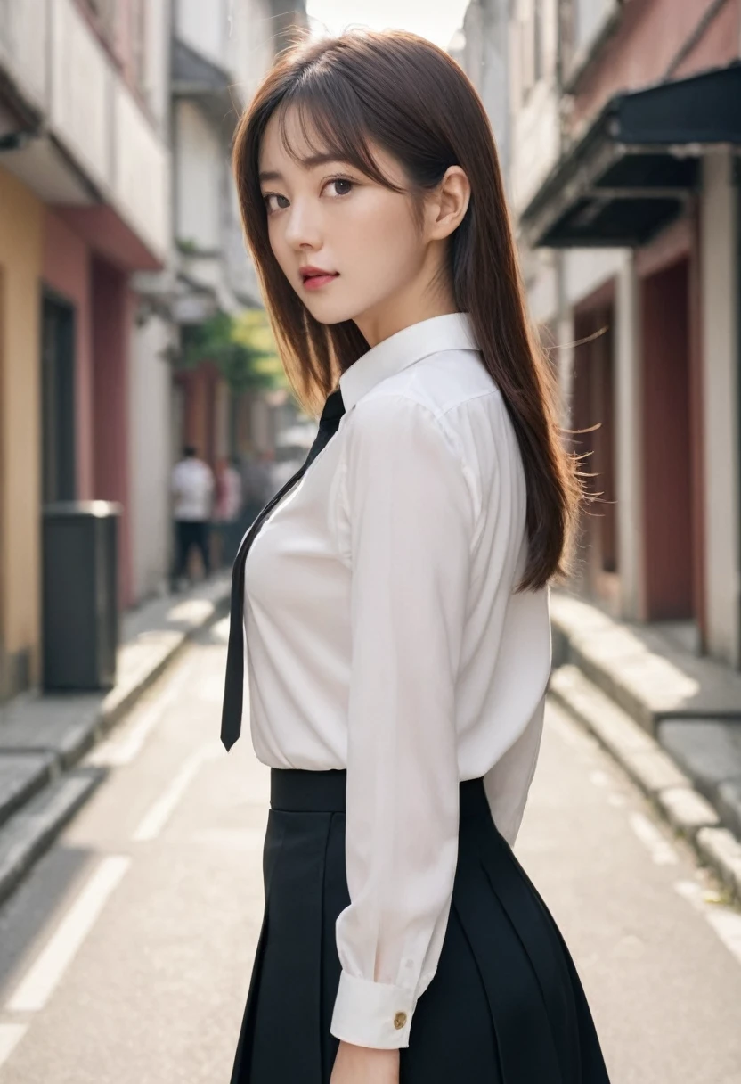 (best quality, masterpiece, ultra detailed, ultra high res, photorealistic, raw photo, absurdres, absolutely resolution), warm colors, office Street, 1 girl, white shirt, black tight skirt, from behind, facing backwards, long shot, wide shot
