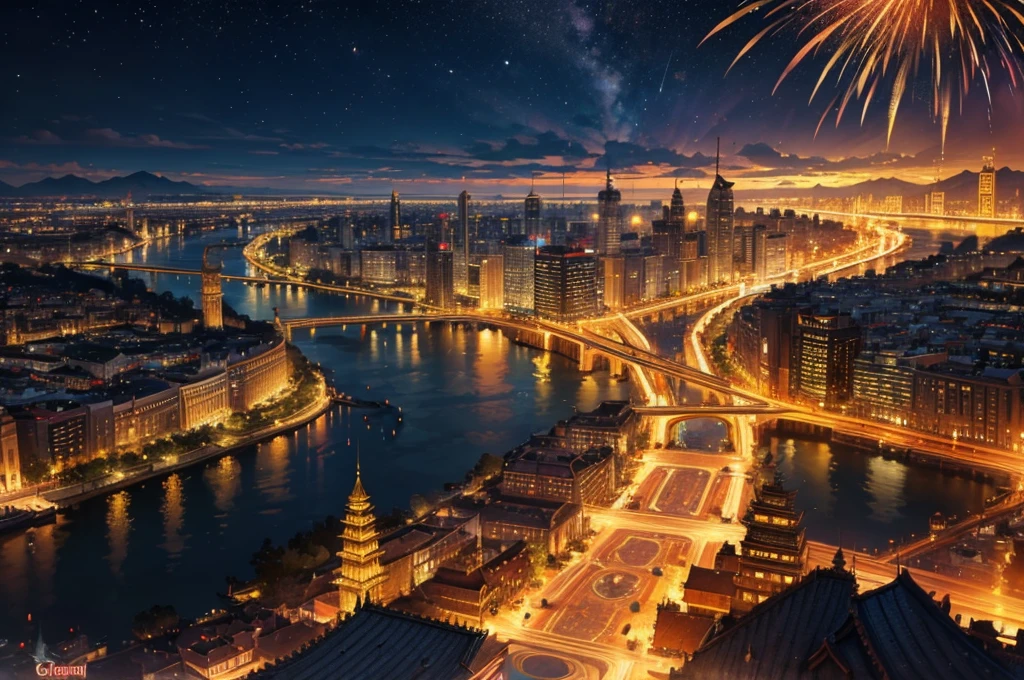 golden city, night, downtown, china dynasty, HDR, 4k resolution, landscape, golden moon, golden cloud, firework