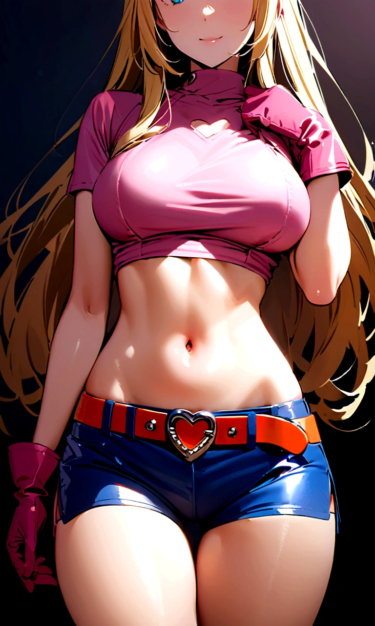 Mature girl with tall straight blonde posture, medium neck, wears a pink tight u-neck T-shirt, she shows her midriff, she wears blue leather shorts, she wears pink small boots, she wears a orange belt with a red heart-shaped buckle, she wears small pink gloves, she expose her navel, beautiful midriff, beautiful thigh, long and slim thigh,