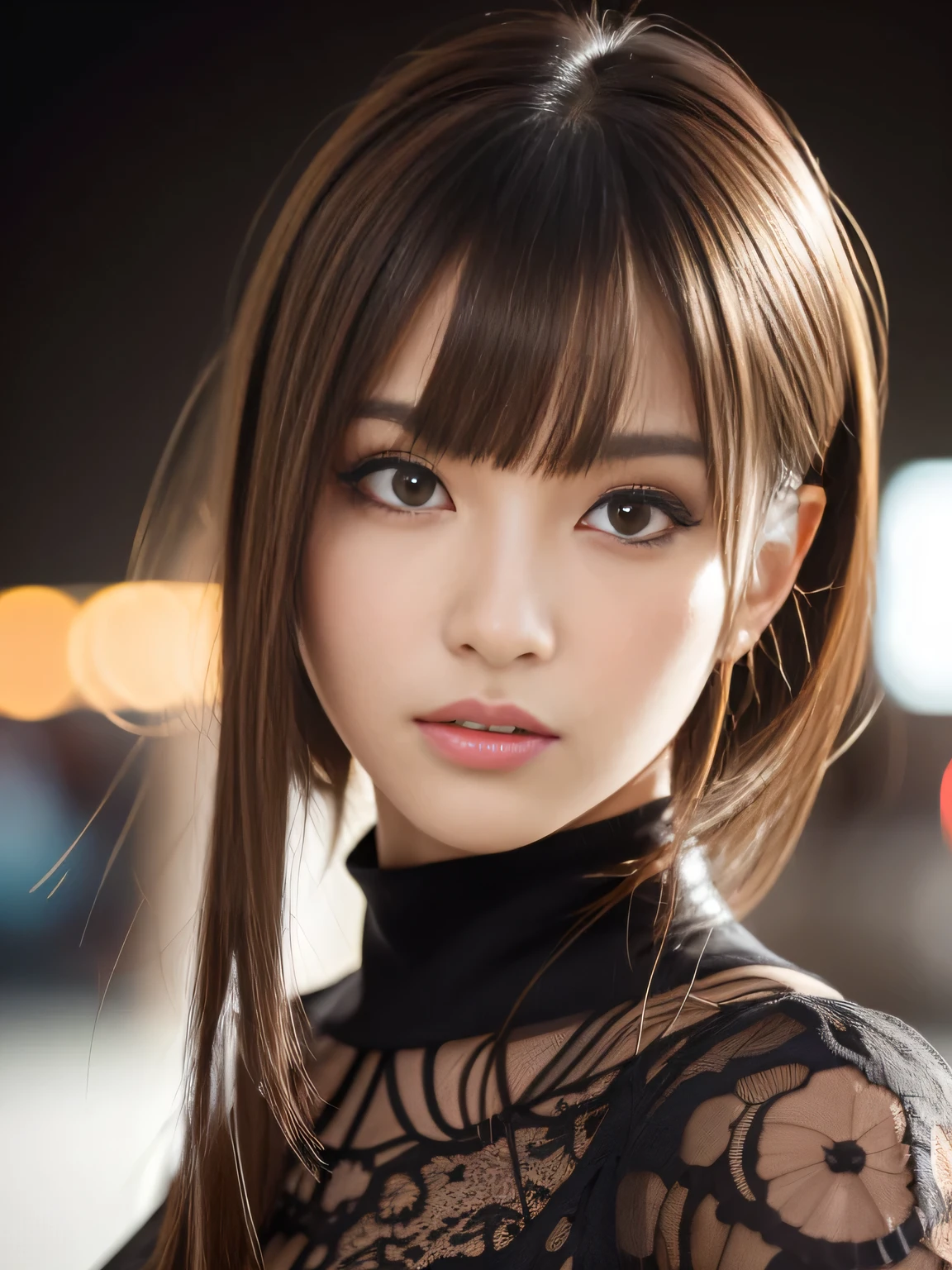 masterpiece, best quality, ultra-detailed, intricately detailed hyperdetailed, realistic, sharp features, highly detailed, sharp focus, Japanese idol, perfect face, perfect symmetrically perfect eyes, perfect full lips, flexible female form, cinematic, neon light, Shadow, hyper detailed, hyper realistic, high resolution, vibrant, dynamic lighting, background, (long hair, straight Bangs), brown Eyes, black blouse, Portraiture,