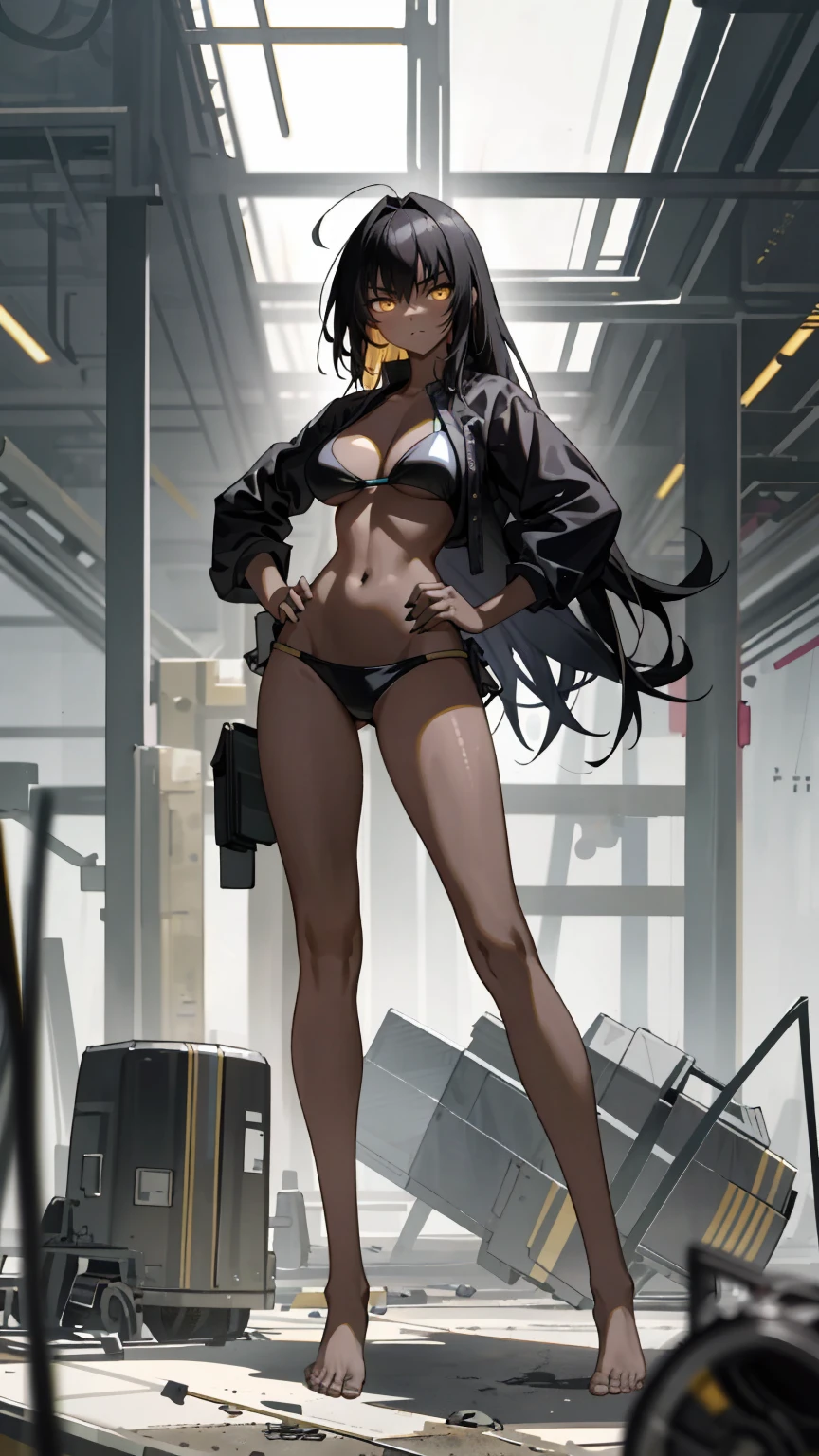Masterpiece, best quality, high resolution, 1 woman, Karin , black skin , black hair , golden eyes , black bikini , abdomen , big breasts, Long legs , Barefoot , Put your hands on your hips. , stand perfectly erect , abandoned factory