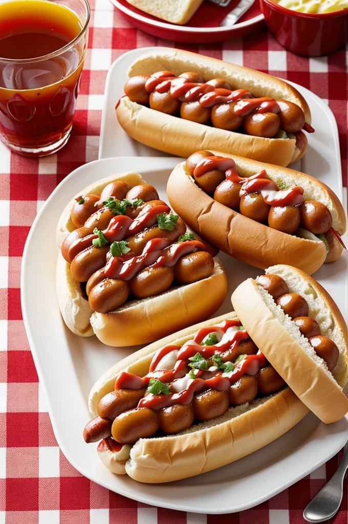 An image of hot dogs with a red and white checkered tablecloth 
