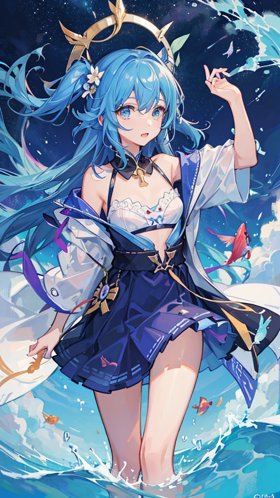 There are lots of tropical fish swimming in the sky.、Girl looking up at it。Night Sky