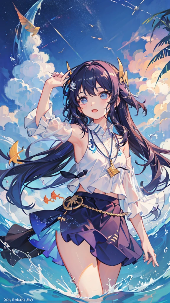 There are lots of tropical fish swimming in the sky.、Girl looking up at it。Night Sky