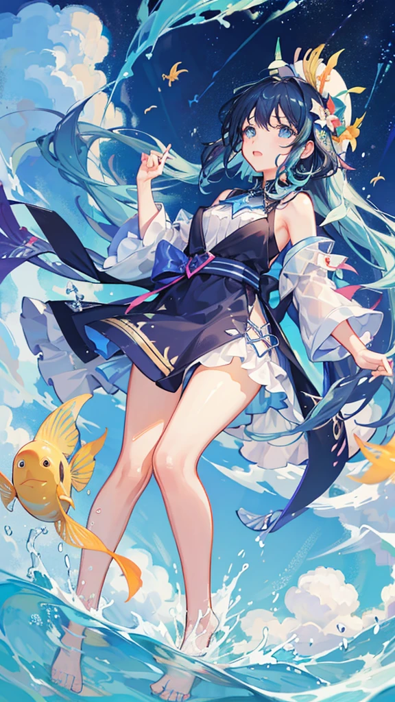 There are lots of tropical fish swimming in the sky.、Girl looking up at it。Night Sky