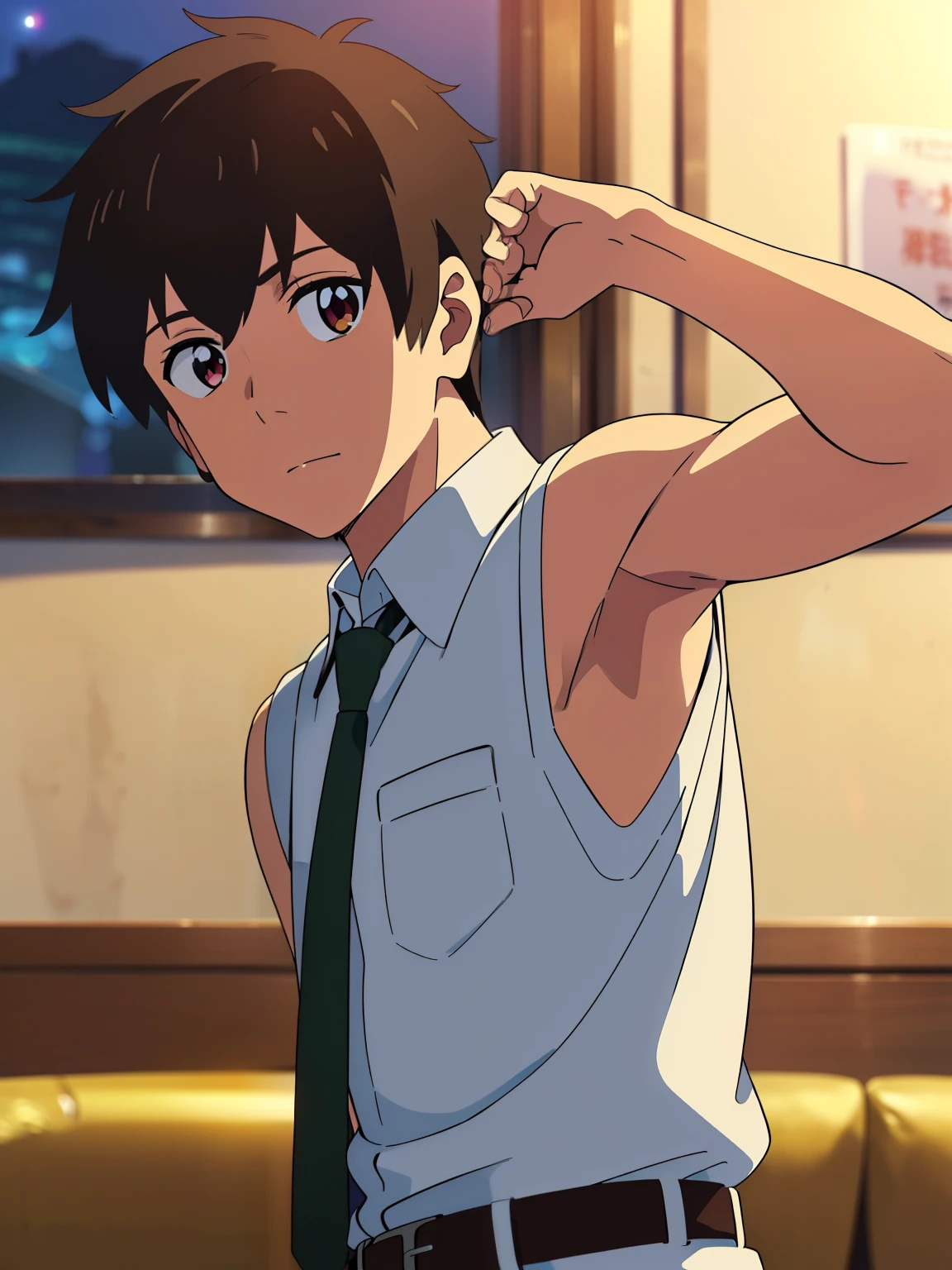 (shinkai makoto, kimi no na wa, Highres, Masterpiece, Best quality at best,Best Quality,hight quality, hight detailed, Anime style, 1boy, Shota, young boy, tachibana taki, Solo person, school, Sleeveless uniform, Tie, Seen from the front, look at viewer, Upper body, Belt, (Very young boy), (Very small and short body), 12-year-old boys, (Showing armpit:1.3), blurry beckground, hansome boy, Uhd, bokeh