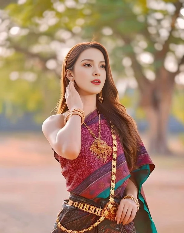 Aarav woman in a gold dress, with a gold crown and a gold necklace., Dilraba Dilmurat, Beautiful Fantasy Empress, traditional beauty, beautiful female princess, Southeast Asia that has existed for a long time, ((Beautiful Fantasy Empress)), Princess of an ancient Asian dynasty, Chinese princess, Thai girl anime, Southeast Asians with round faces, Niwan Chandra, beautiful Asian girl,stereoscopic 8k,45 high quality colored lights,000,000,000 pixels, photo, post-trade photo, animation, Beautiful, realistic portraits.